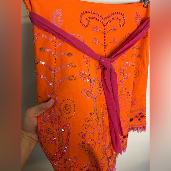 Cadi and Blue Vtg Midi Embroidered beaded Skirt Sz 10 Orange Sequins boho gitsy - Picture 2 of 13